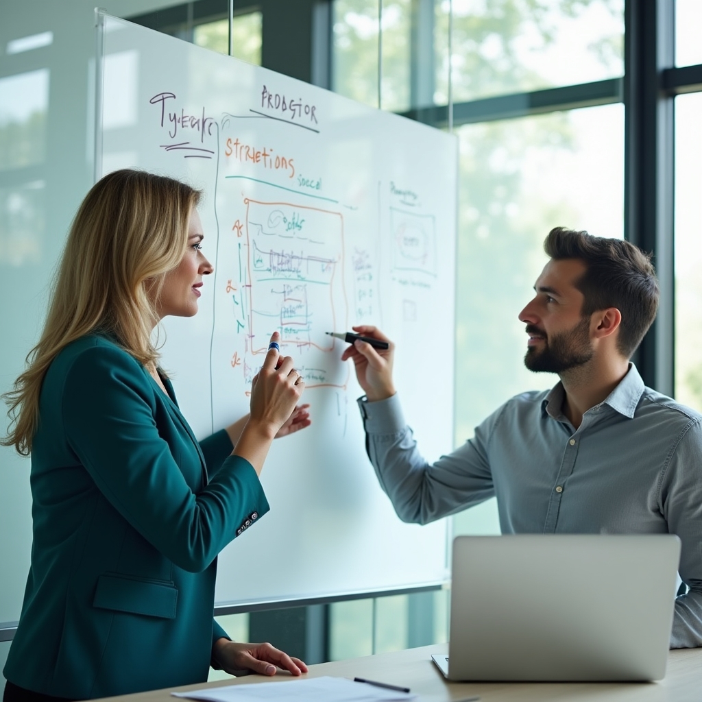 Two professionals reviewing session planning notes on a whiteboard, collaborative working session in a modern meeting room