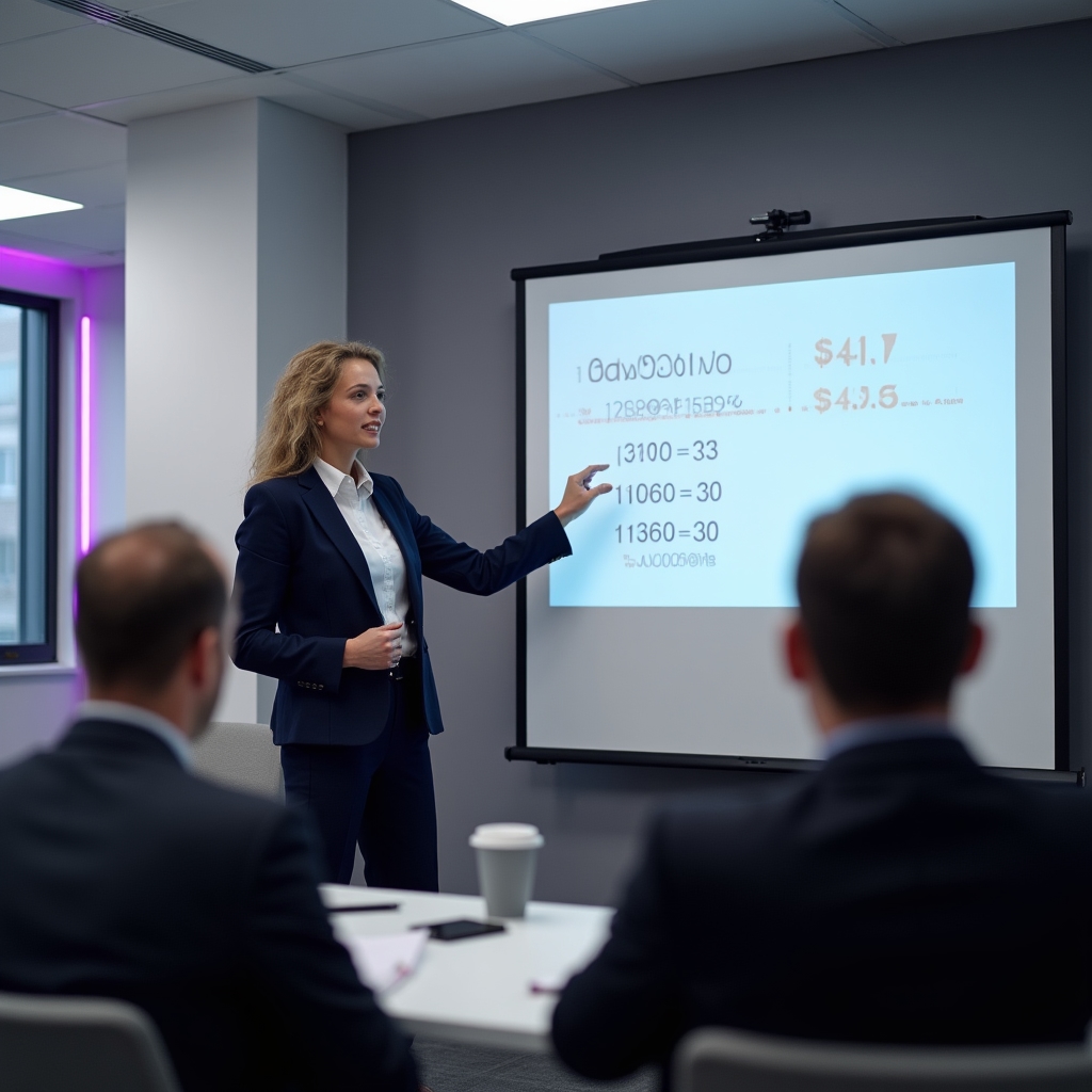 Workshop session on pricing strategy with a presenter pointing at a projected calculation on a screen