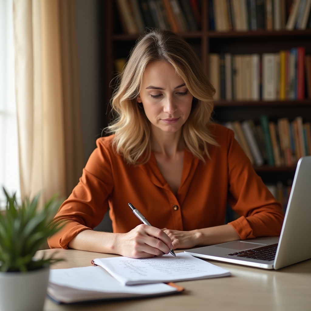 Professional reviewing their own skills list on a notepad while sitting at a home desk, thoughtful expression, laptop open beside them