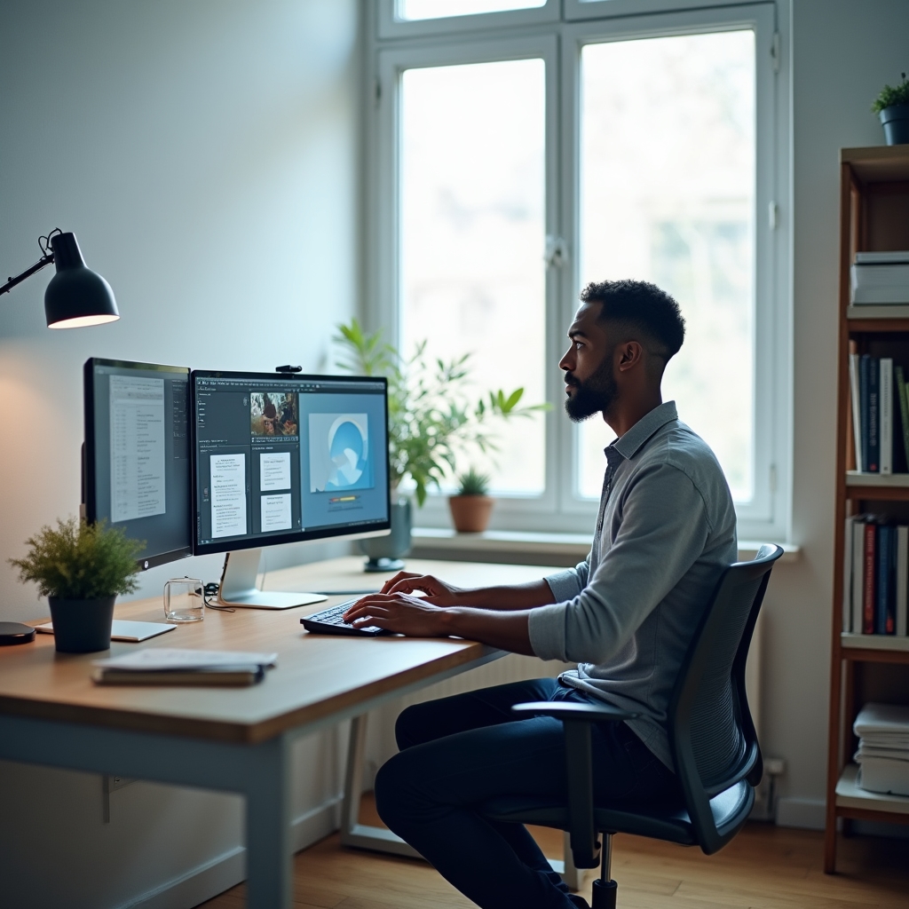 Professional working from a well-organised home office setup, dual monitor setup, natural light from large window, focused and comfortable