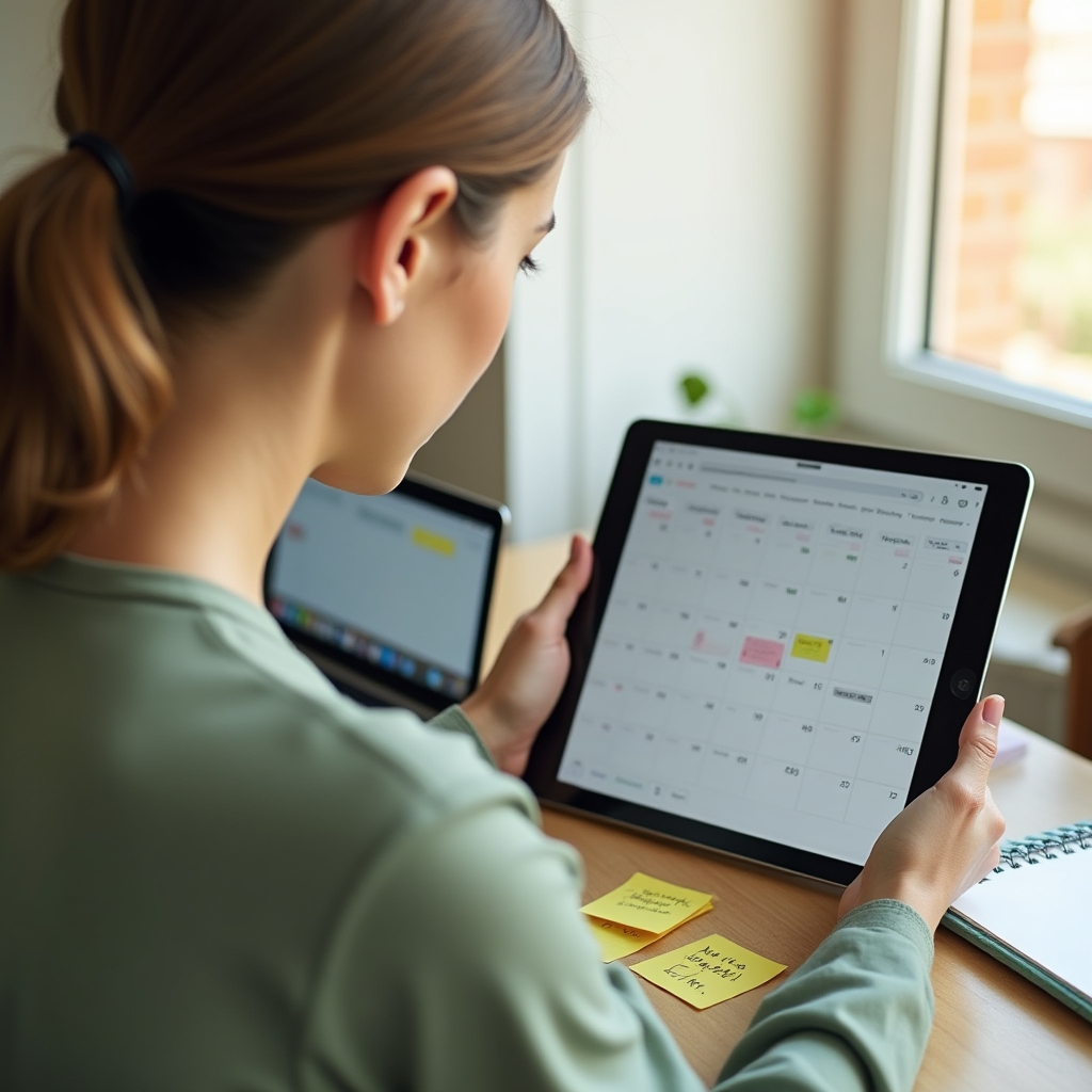 Professional reviewing a weekly calendar on a tablet, planning free time alongside work obligations, calm home office setting