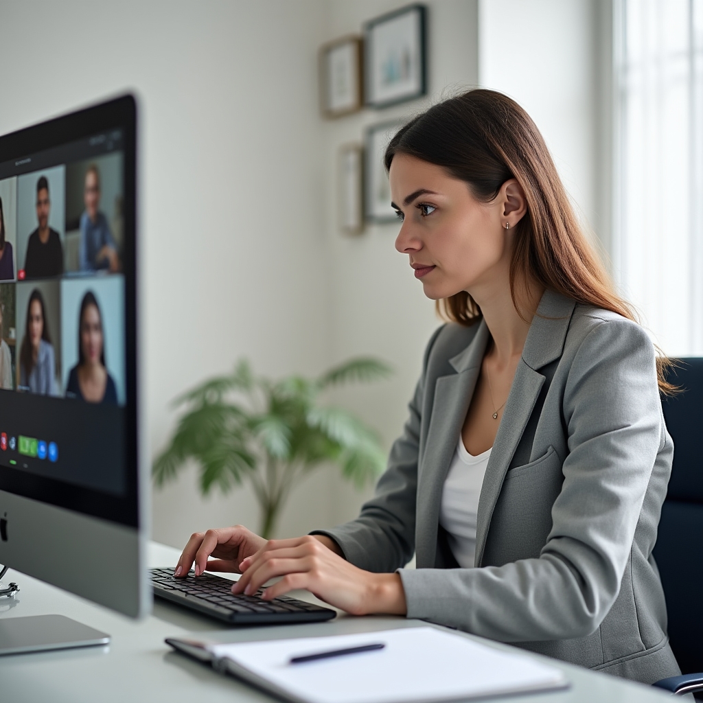 Online webinar session with professionals viewing educational content on screens